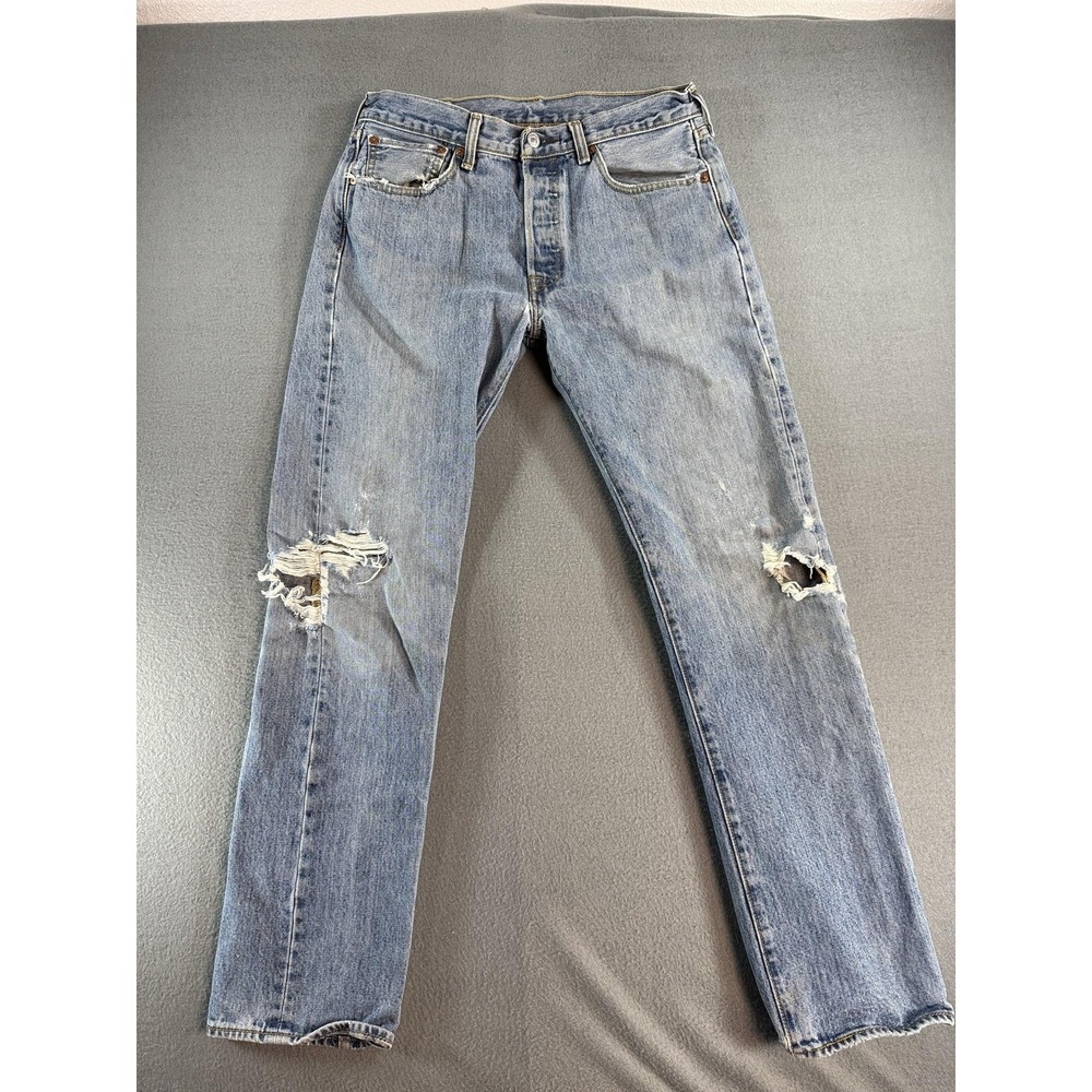 Levi's 501 Jeans Mens 32x31 Light Wash Blue Regular Straight Distressed Denim